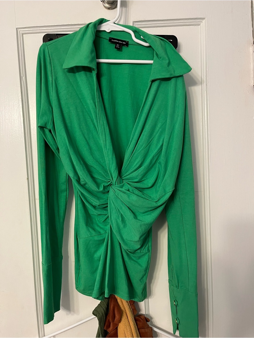 Karen Millen Green Twist-Front Long Sleeve Top Work Jersey Office Blouse Collar